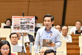 ĐB Nguyễn Văn Cảnh giới thiệu mô hình cảnh báo giúp đi lại an toàn ở điểm bị ngập.