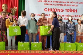 Đại diện siêu thị Co.opMart Quy Nhơn trao 100 suất quà cứu trợ cho người dân xã Ngô Mây bị thiệt hại trong cơn bão số 13.