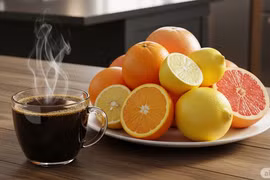 Nên tránh các loại trái cây họ cam quýt khi dùng chung với cà phê. Ảnh: AI