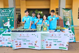 Hơn 400 chậu sen đá được trưng bày trong chương trình “Hành động xanh - Chọn tương lai xanh” tại Trường THPT chuyên Hùng Vương. 