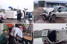 Nhiều người bị thương sau vụ xe cứu thương quay vòng, lật nghiêng khi va với ô tô con