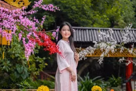 Thiếu nữ chụp ảnh Tết ở ngôi chùa thiêng xứ Nghệ