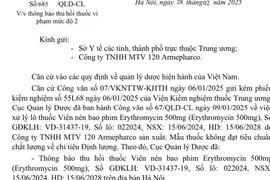 Thu hồi lô thuốc Erythromycin không đạt chất lượng