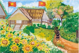 Bức tranh tham gia cuộc thi “Em vẽ sắc màu quê hương” của em Hồ Võ Thiện Trí (Trường Tiểu học Nay Der, xã Uar). Ảnh: P.L