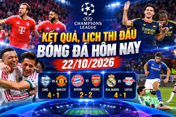 Kết quả, lịch thi đấu bóng đá hôm nay 22/10/2026: MU thua sốc, Arsenal hòa Bayern