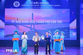 Đại diện các doanh nghiệp và tổ chức vinh dự nhận giải thưởng dành cho 97 đơn vị tiêu biểu có thành tựu xuất sắc trong lĩnh vực chuyển đổi số và đổi mới sáng tạo.