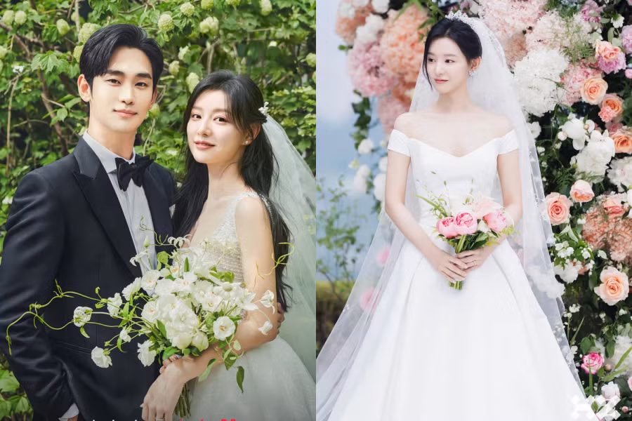 Ngoài ra, váy cưới của nhân vật trong phim cũng gây sốt. Kim Ji Won đẹp rạng rỡ với thiết kế thuộc bộ sưu tập năm 2022 của Lanesta (trái) và váy trắng thuộc bộ sưu tập mùa thu 2017 đến từ Rivini by Rita Vinieris