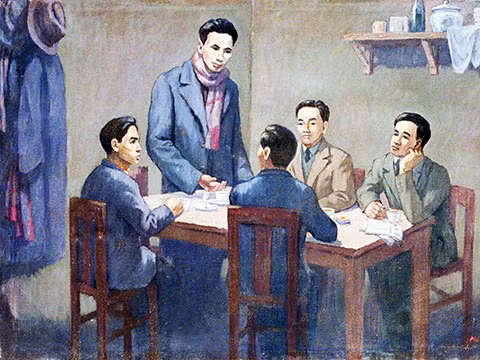 Hội nghị thành lập Đảng Cộng sản Việt Nam ngày 3-2-1930 (ảnh chụp lại tranh của họa sĩ Phi Hoanh tại Bảo tàng Lịch sử Quốc gia).