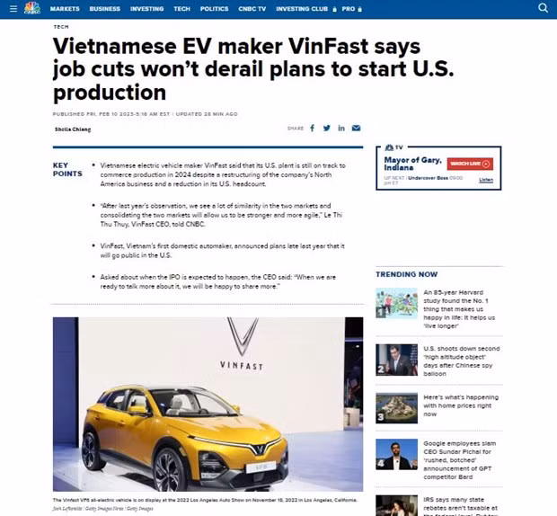 Bài phỏng vấn bà Lê Thị Thu Thủy, Chủ tịch VinFast trên CNBC. Nguồn Vietnam+