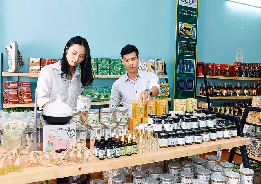 Điểm giới thiệu, bán các sản phẩm OCOP của huyện Chư Pưh tại thị trấn Nhơn Hòa. Ảnh: Đức Thụy