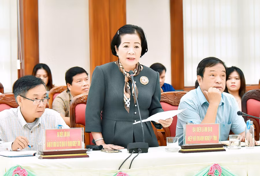 Bà Nguyễn Thị Sen-Chủ tịch Hiệp hội Doanh nghiệp tỉnh nêu những khó khăn vướng mắc của các doanh nghiệp chế biến nông sản và chủ đầu tư dự án điện gió. Ảnh: Đức Thụy