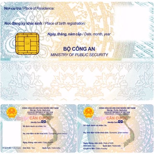 Mẫu thẻ căn cước theo đề xuất của Bộ Công an, gồm mặt sau của thẻ, mặt trước của thẻ (bên trái) dành cho người từ 6 tuổi trở lên và mặt trước của thẻ (bên phải) dành cho người từ 0 - 6 tuổi Mẫu thẻ căn cước theo đề xuất của Bộ Công an, gồm mặt sau của thẻ, mặt trước của thẻ (bên trái) dành cho người từ 6 tuổi trở lên và mặt trước của thẻ (bên phải) dành cho người từ 0 - 6 tuổi