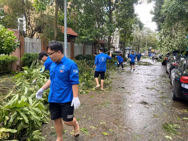 Thanh niên tình nguyện dọn dẹp cây cối bị bão quật đổ