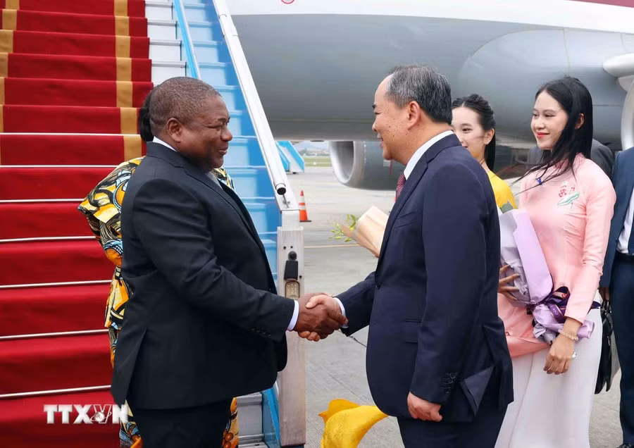 Chủ nhiệm Văn phòng Chủ tịch nước Lê Khánh Hải đón Tổng thống Mozambique Filipe Jacinto Nyusi và Phu nhân tại sân bay quốc tế Nội Bài. (Ảnh: Phạm Kiên/TTXVN)