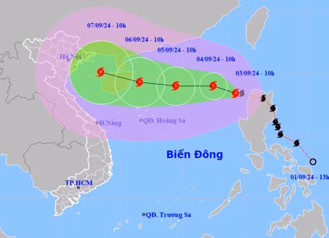Dự báo vị trí và hướng di chuyển của bão Yagi. Nguồn: Trung tâm Dự báo khí tượng thủy văn quốc gia Dự báo vị trí và hướng di chuyển của bão Yagi. Nguồn: Trung tâm Dự báo khí tượng thủy văn quốc gia