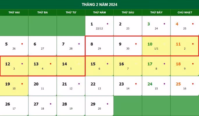 Đề xuất 2 phương án nghỉ Tết Nguyên đán Giáp Thìn 2024 - Ảnh 1. Phương án 1, người dân được nghỉ trước Tết 2 ngày và 5 ngày sau Tết bao gồm cả nghỉ bù
