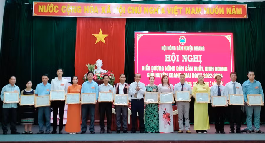 Trao giấy khen của Chủ tịch UBND huyện Kbang cho các tập thể có thành tích xuất sắc trong phong trào nông dân thi đua sản xuất kinh doanh giỏi. Ảnh: H.H