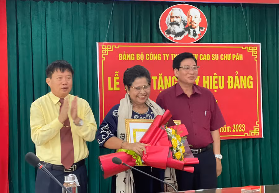 Đại diện lãnh đạo huyện Chư Păh trao Huy hiệu Đảng đợt (2-9) cho các đảng viên. Ảnh: Văn Đại