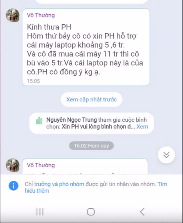 Tin nhắn của cô H. với các phụ huynh về việc mua laptop