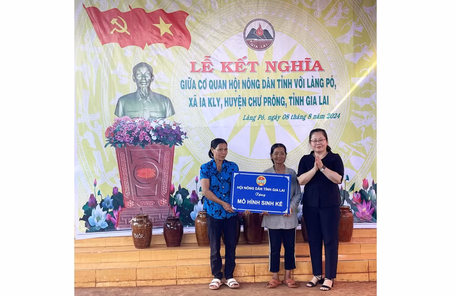 Phó Chủ tịch Hội Nông dân tỉnh Phan Thị Kim Chi tặng bảng tượng trưng hỗ trợ 2 con bò giống cho 2 hộ nghèo làng Pó, xã Ia Kly, huyện Chư Prông. Ảnh: A.H