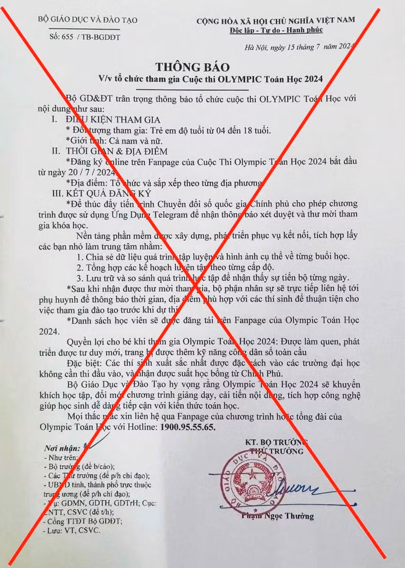 Văn bản trên mạng xã hội giả mạo Bộ Giáo dục và Đào tạo mời tham gia Olympic Toán học. Ảnh nguồn cadn.com.vn