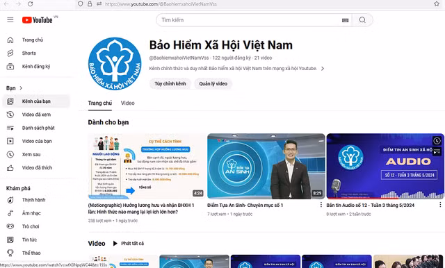Giao diện kênh YouTube BHXH Việt Nam