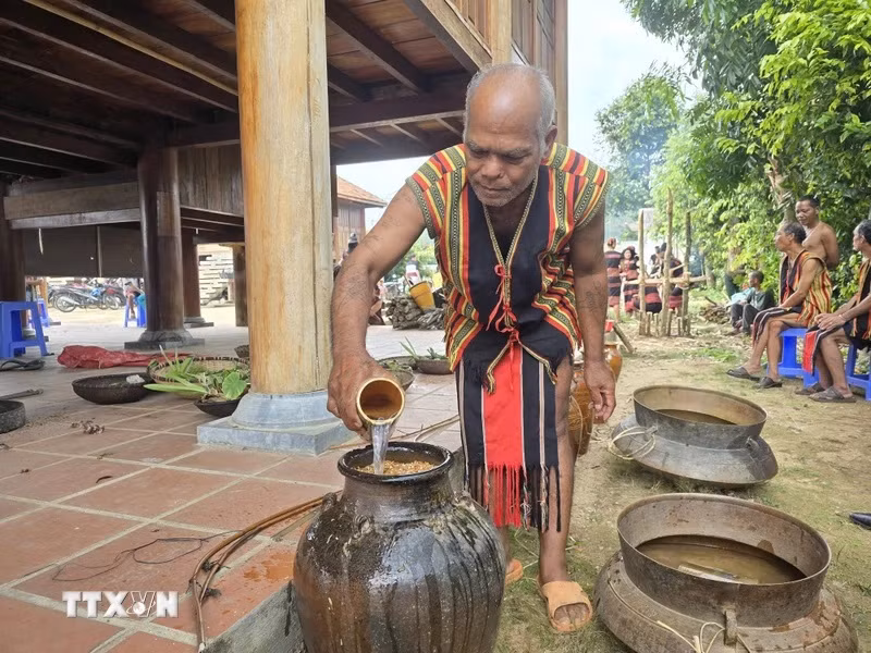 Người Brâu chuẩn bị cho lễ cúng Trỉa lúa. (Ảnh: Khoa Chương/TTXVN)