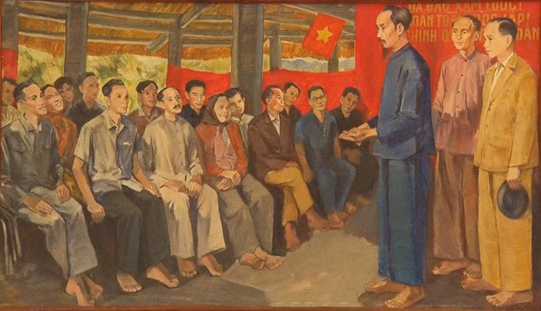 Tranh vẽ Chủ tịch Hồ Chí Minh nói chuyện với đại biểu Quốc dân Đại hội tại đình Tân Trào, Tuyên Quang (ảnh nguồn nhandan.vn).