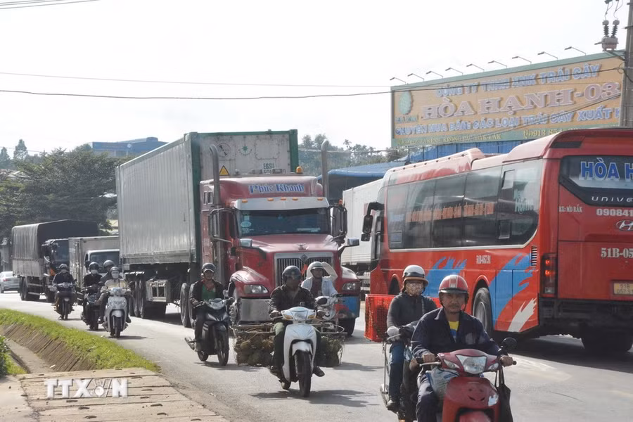 Vào thời điểm thu hoạch sầu riêng tại huyện Krông Pắc thường xuyên xảy ra ùn tắc giao thông cục bộ khi các phương tiện trọng tải nặng lưu thông. (Ảnh: Tuấn Anh/TTXVN) Vào thời điểm thu hoạch sầu riêng tại huyện Krông Pắc thường xuyên xảy ra ùn tắc giao thông cục bộ khi các phương tiện trọng tải nặng lưu thông. (Ảnh: Tuấn Anh/TTXVN)