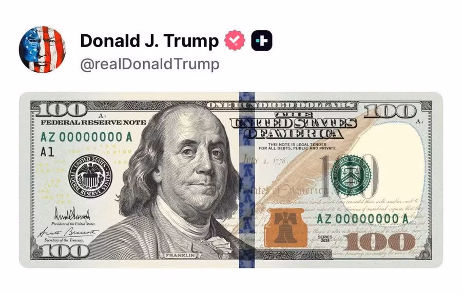Tổng thống Mỹ Trump công bố mẫu tờ 100 USD mới mang chữ ký của mình.
