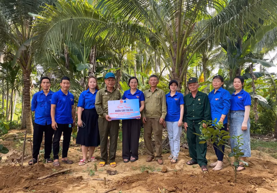 ĐVTN phường Hoài Nhơn Nam bàn giao công trình “Vườn cây tri ân” cho cựu chiến binh Phạm Lực (khu phố Thuận Thượng 1, phường Hoài Nhơn Nam). Ảnh: D.L