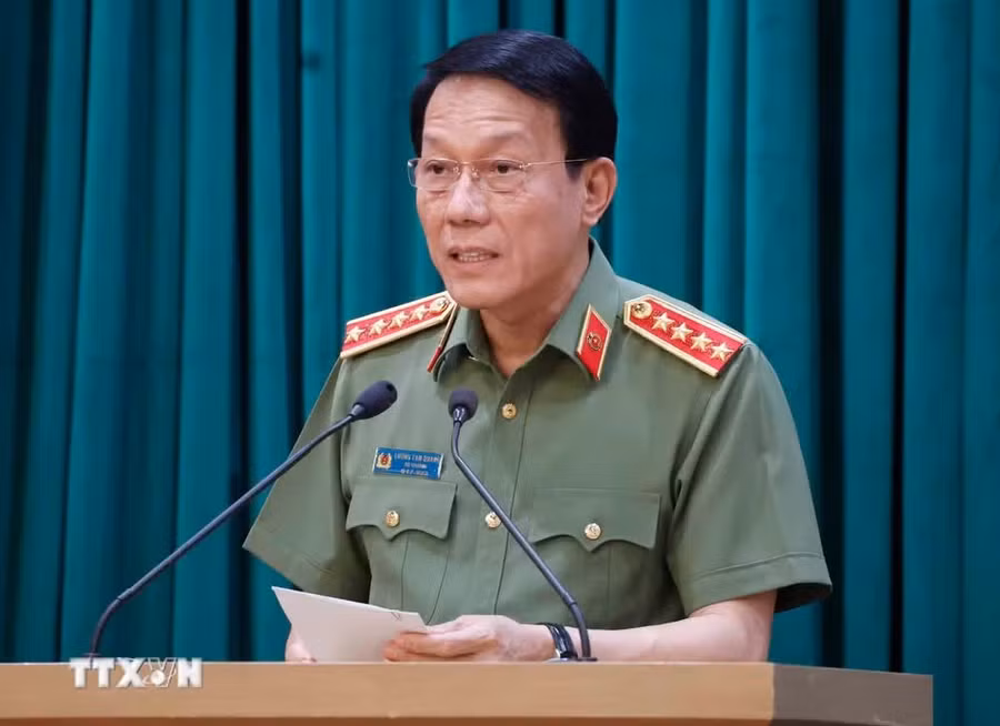 Đại tướng Lương Tam Quang, Ủy viên Bộ Chính trị, Bí thư Đảng uỷ Công an Trung ương, Bộ trưởng Bộ trưởng Bộ Công an phát biểu khai mạc. Ảnh: Thống Nhất/TTXVN