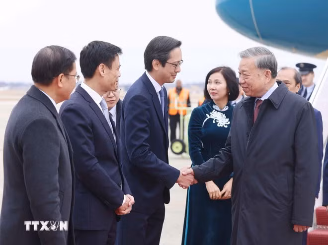 Lễ đón Tổng Bí thư Tô Lâm tại sân bay quân sự Andrews, thủ đô Washington D.C. Ảnh: Thống Nhất/TTXVN