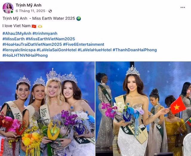 Trịnh Mỹ Anh đăng bài ăn mừng trên trang cá nhân vào ngày 6.11.2025, sau khi đoạt danh hiệu Miss Earth Water 2025. Ảnh: Chụp màn hình Facebook Trịnh Mỹ Anh
