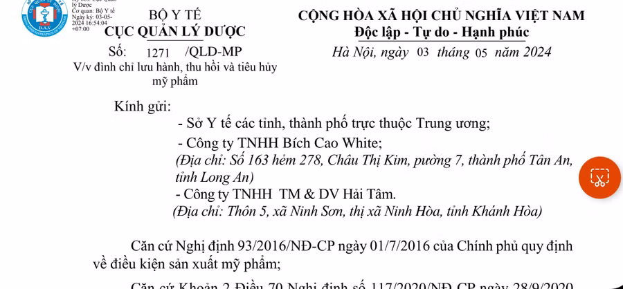 Công văn số 1271/QLD-MP của Cục Quản lý Dược (Bộ Y tế)