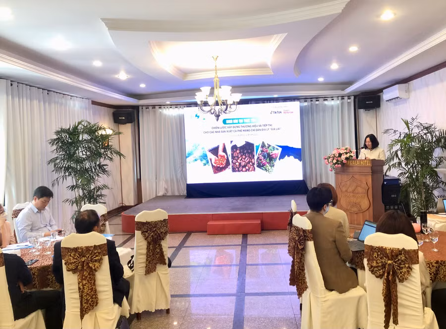 Quang cảnh lớp đào tạo thực tiễn chiến lược xây dựng thương hiệu và tiếp thị cho các nhà sản xuất cà phê mang chỉ dẫn địa lý “Gia Lai”. Ảnh: Lê Nam