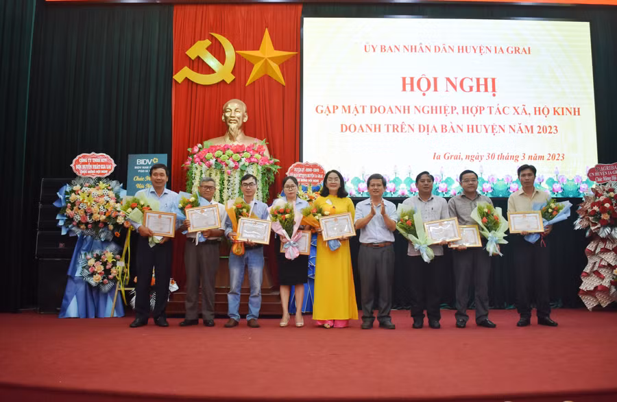 Các tập thể được nhận giấy khen của Chủ tịch UBND huyện Ia Grai vì có thành tích xuất sắc trong thực hiện chính sách pháp luật, thuế và phát triển doanh nghiệp năm 2022. Ảnh: Minh Thoan