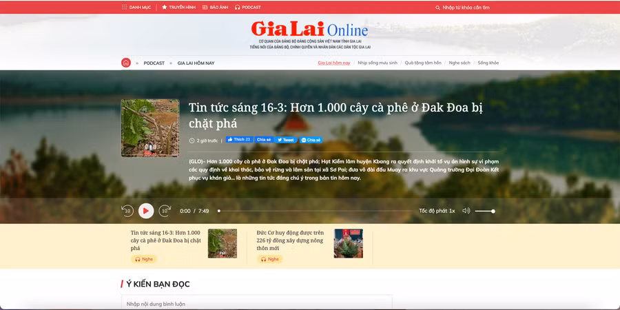 Giao diện kênh Podcast Gia Lai hôm nay trên Báo Gia Lai điện tử. Ảnh chụp màn hình