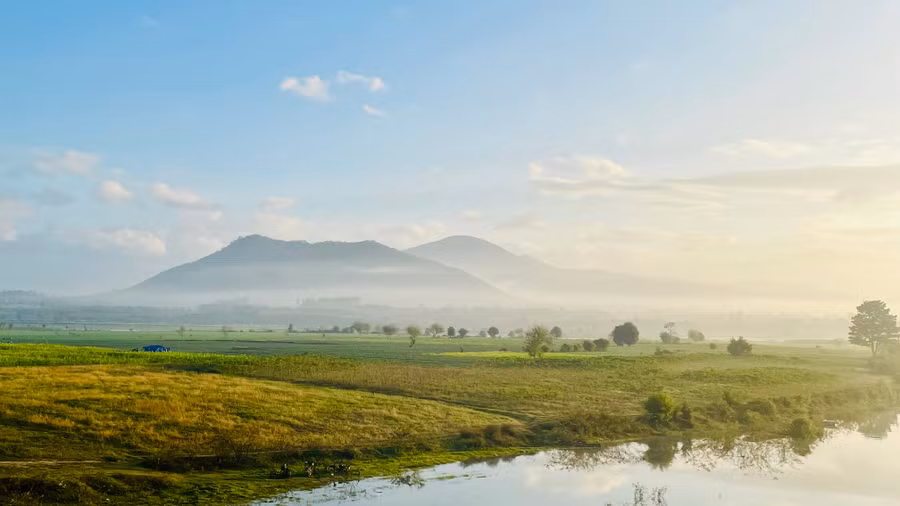 Đôi bờ xanh biếc bởi những ruộng dưa, ruộng thuốc lá trải dài.