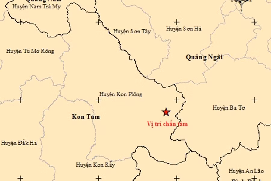 Vị trí xảy ra động đất ở Kon Tum chiều 23-8. Ảnh: Viện vật lý địa cầu