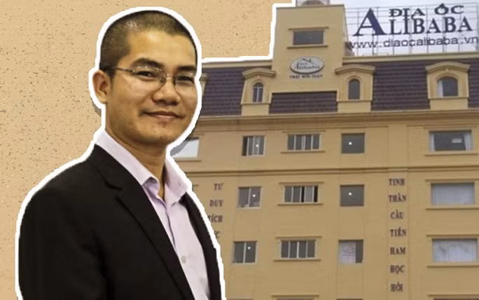 CEO Nguyễn Thái Luyện và trụ sở Công ty Địa ốc Alibaba tại quận Thủ Đức, TP HCM- Đồ hoạ: Tấn Nguyên