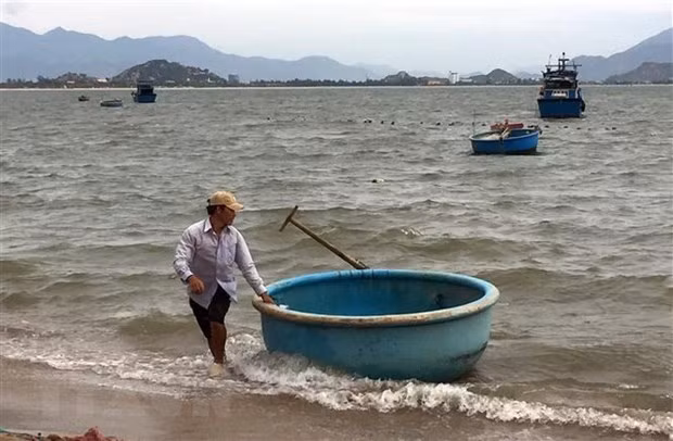 Ngư dân đưa thúng vào bờ tránh thời tiết nguy hiểm. Ảnh: TTXVN