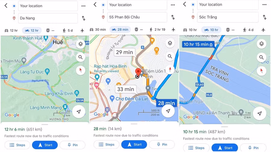  Google Maps hiển thị tình trạng giao thông trên toàn lãnh thổ Việt Nam là một cập nhật đáng giá. Ảnh chụp màn hình/TNO