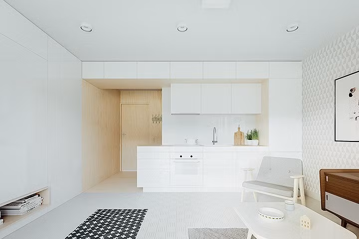 Sự phong phú của những tủ để đồ tích hợp là điều cần phải có đối với một không gian nhỏ bé như thế này.