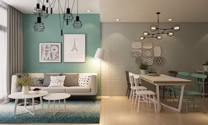 Màu xanh tách biệt phòng khách với phòng ăn.