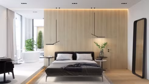  Ánh sáng đèn Led chiếu xuống bức tường gỗ tỏa ra nguồn sáng ấm áp và sang trọng.
