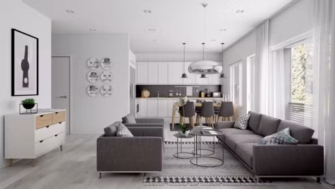  Căn hộ màu xám trổ nhiều cửa sổ để cung cấp ánh sáng cho cả phòng khách lẫn nhà bếp. 