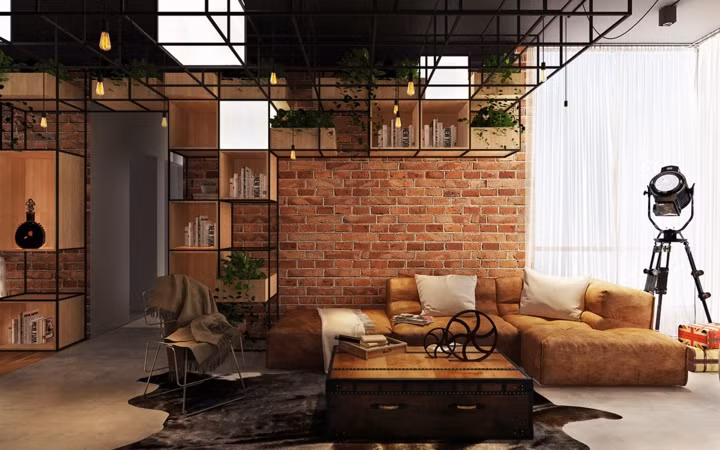 Phòng khách đóng khung trong một chiếc ghế sofa, một bàn cà phê độc đáo nằm trên tấm thảm lông thú.