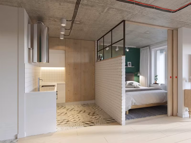 Việc đặt giường ngủ cạnh bếp có thể là một khó khăn nhưng gia chủ đã khéo léo sử dụng cửa trượt để ngăn mùi thức ăn bay vào phòng.