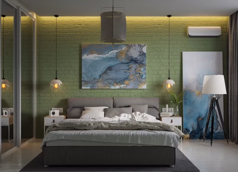 Màu xanh lá cây sơn trên gạch thô mang lại thêm chiều sâu cho thiết kế phòng. Màu xanh lá cây sơn trên gạch thô mang lại thêm chiều sâu cho thiết kế phòng.